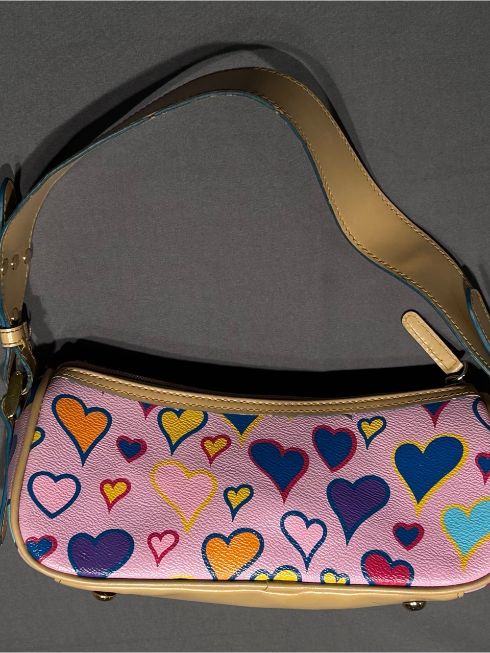 Vintage Y2K Pink Heart Print Mini Bag with Tan Straps